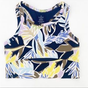 Sweaty Betty Power Frame Racerback Sports Bra Green Paper Leaf Print blue brown